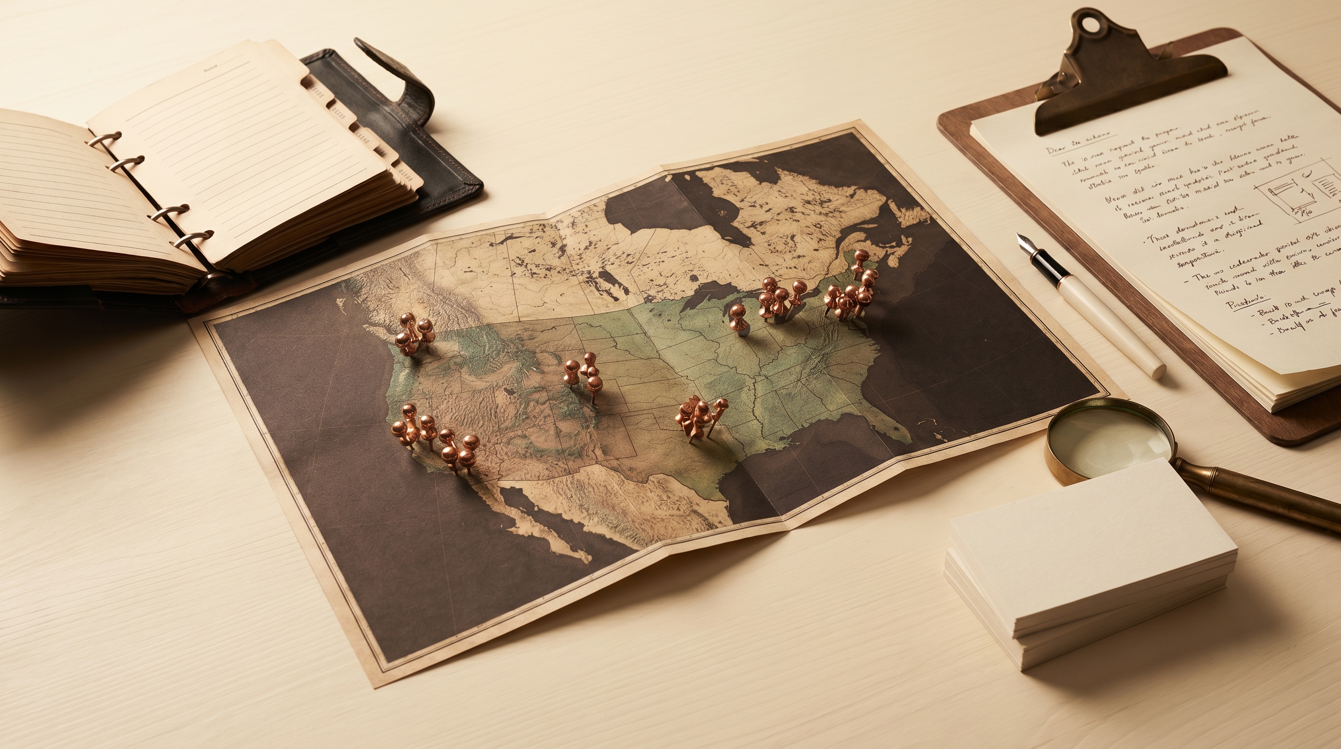 Editorial flat-lay of a folded US-and-Canada region map with copper map pins, a contact rolodex, and a magnifying glass.